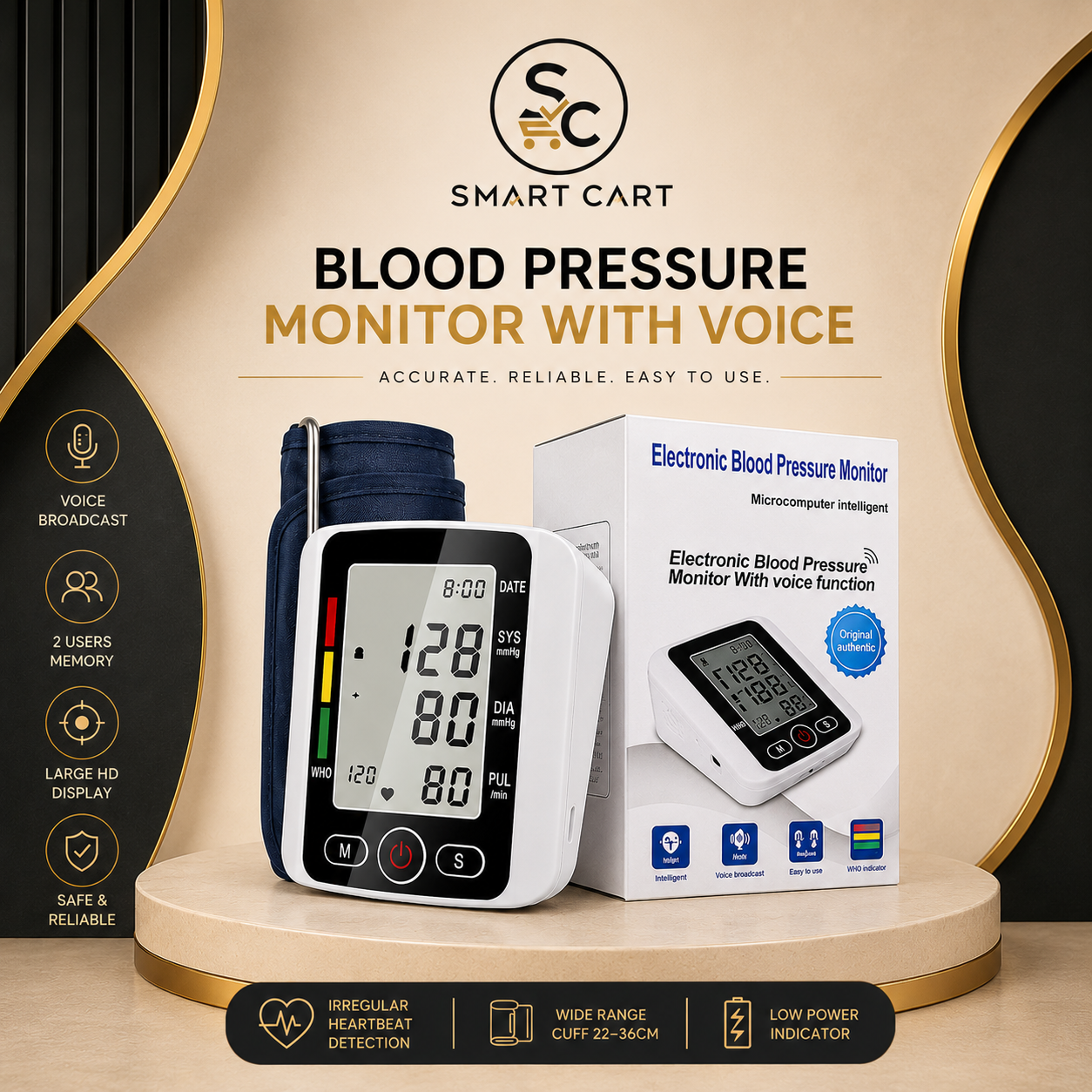 BLOOD PRESSURE MONITOR WITH VOICE NORMAL ARM 36CM(White carton)