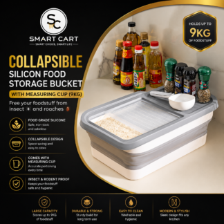 COLLAPSIBLE SILICON FOOD STORAGE BUCKET WITH MEASURING CUP(9KG) Free your foodstuff from insect and roaches