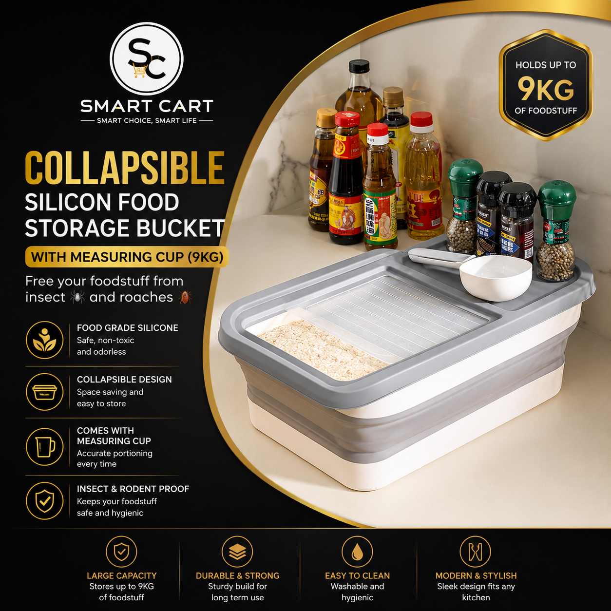COLLAPSIBLE SILICON FOOD STORAGE BUCKET WITH MEASURING CUP(9KG) Free your foodstuff from insect and roaches