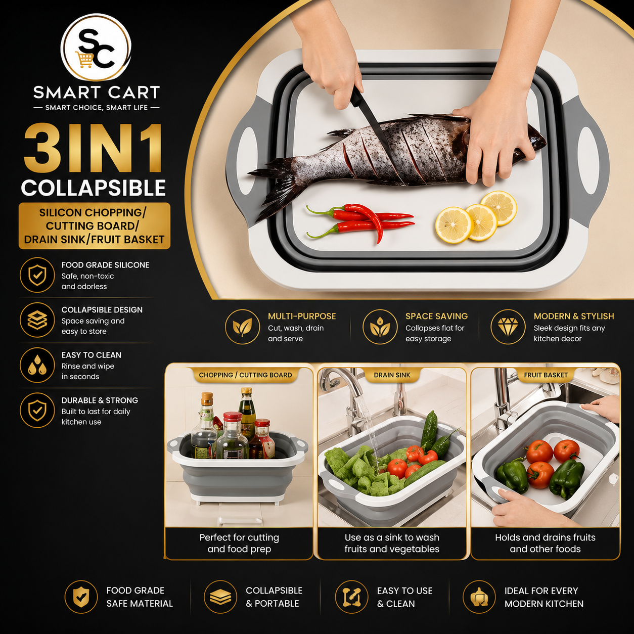 3in1 COLLAPSIBLE SILICON CHOPPING/ CUTTING BOARD/DRAINK SINK/FRUIT BASKET