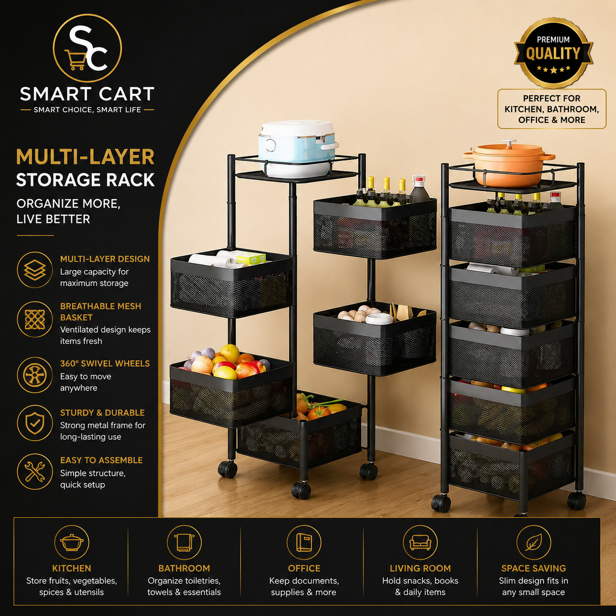 4 and 5 LAYER BOX SHAPE 360 DEGREE ROTATING FRUIT,VEGETABLE TROLLEY RACK WITH WHEELS