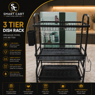 3 STEP QUALITY STRONG STAINLESS STEEL DISH RACK WITH 2 TRAY,CUP HOLDER,CHOPPING BOARD HOLDER&KNIFE HOLDER
