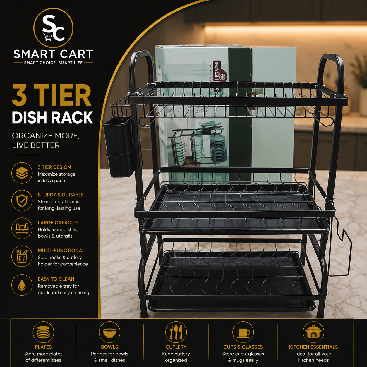 3 STEP QUALITY STRONG STAINLESS STEEL DISH RACK WITH 2 TRAY,CUP HOLDER,CHOPPING BOARD HOLDER&KNIFE HOLDER