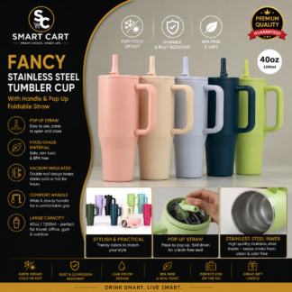 FANCY STAINLESS STEEL TUMBLER CUP WITH HANDLE AND POP UP and FOLDABLE STRAW(Stainless inner,can keep cold or hot and a pop up straw)