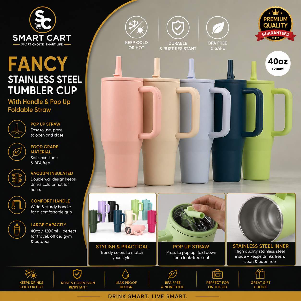 FANCY STAINLESS STEEL TUMBLER CUP WITH HANDLE AND POP UP and FOLDABLE STRAW(Stainless inner,can keep cold or hot and a pop up straw)