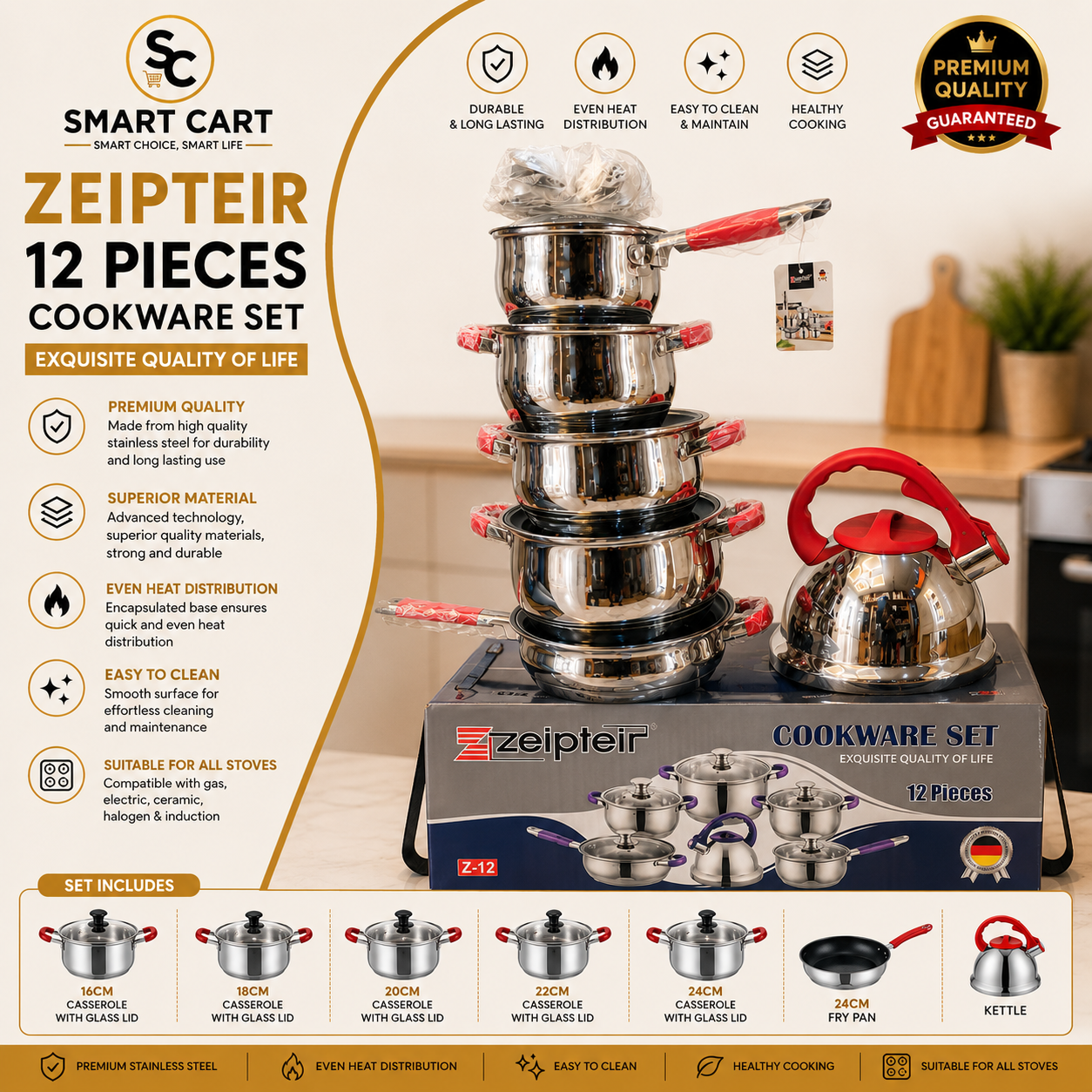 12PC ZEIPLTEIR QUALITY STAINLESS STEEL COOKWARE SET POT SIZE 16,18,20,24,24CM FRYPAN AND 2.5LTR KETTLE