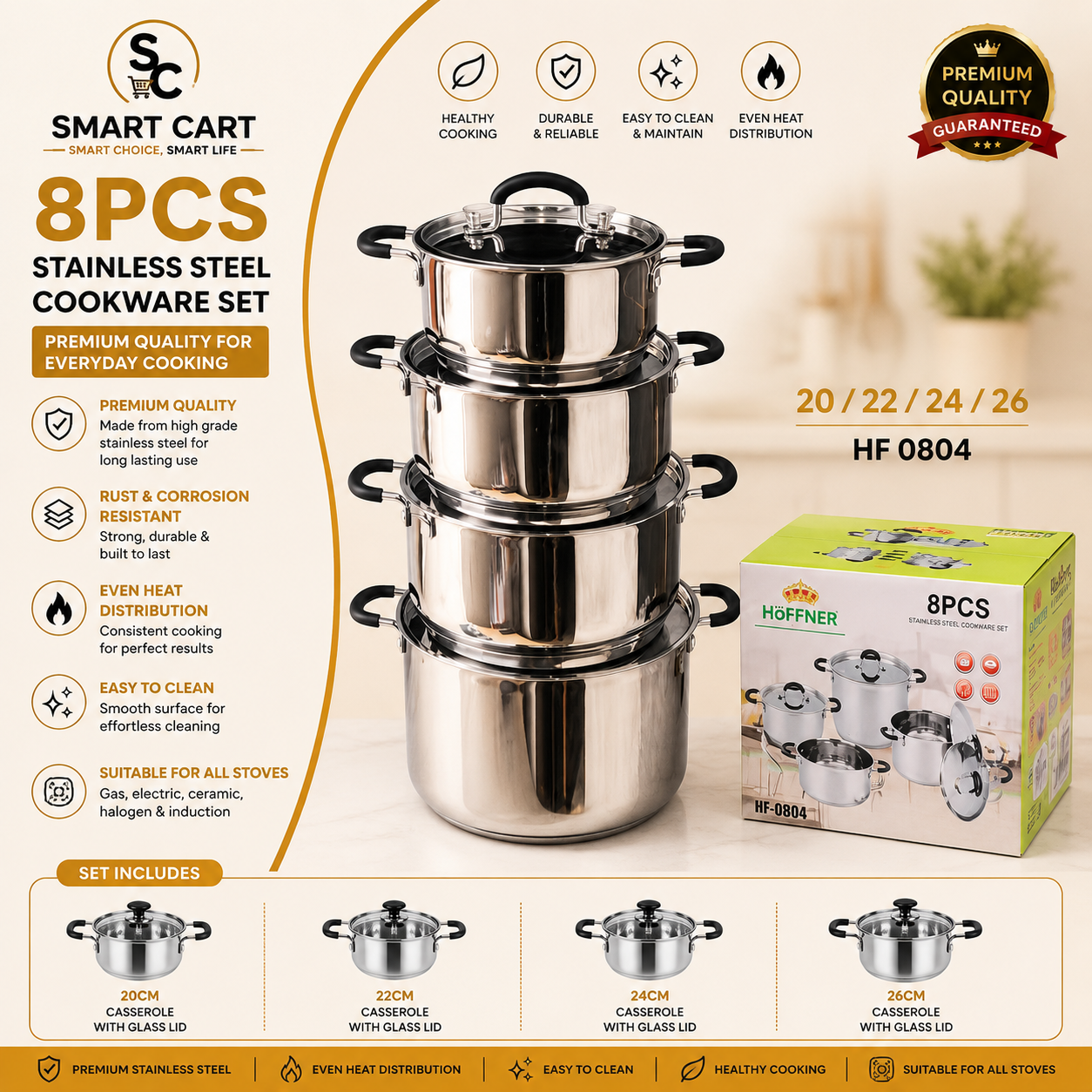 8PC HOFFNER 0804 QUALITY STAINLESS COOKWARE SET SIZE 20,22,24,26CM