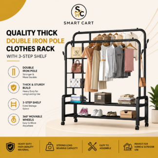 68KG QUALITY THICK DOUBLE IRON POLE/DOUBLE STEP CLOTHE RACK WITH 3 STEP SHELF TYRE(EXACT WEIGHT) BIGGEST SIZE 120*49*160CM