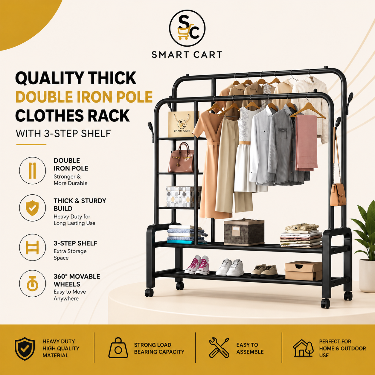 68KG QUALITY THICK DOUBLE IRON POLE/DOUBLE STEP CLOTHE RACK WITH 3 STEP SHELF TYRE(EXACT WEIGHT) BIGGEST SIZE 120*49*160CM