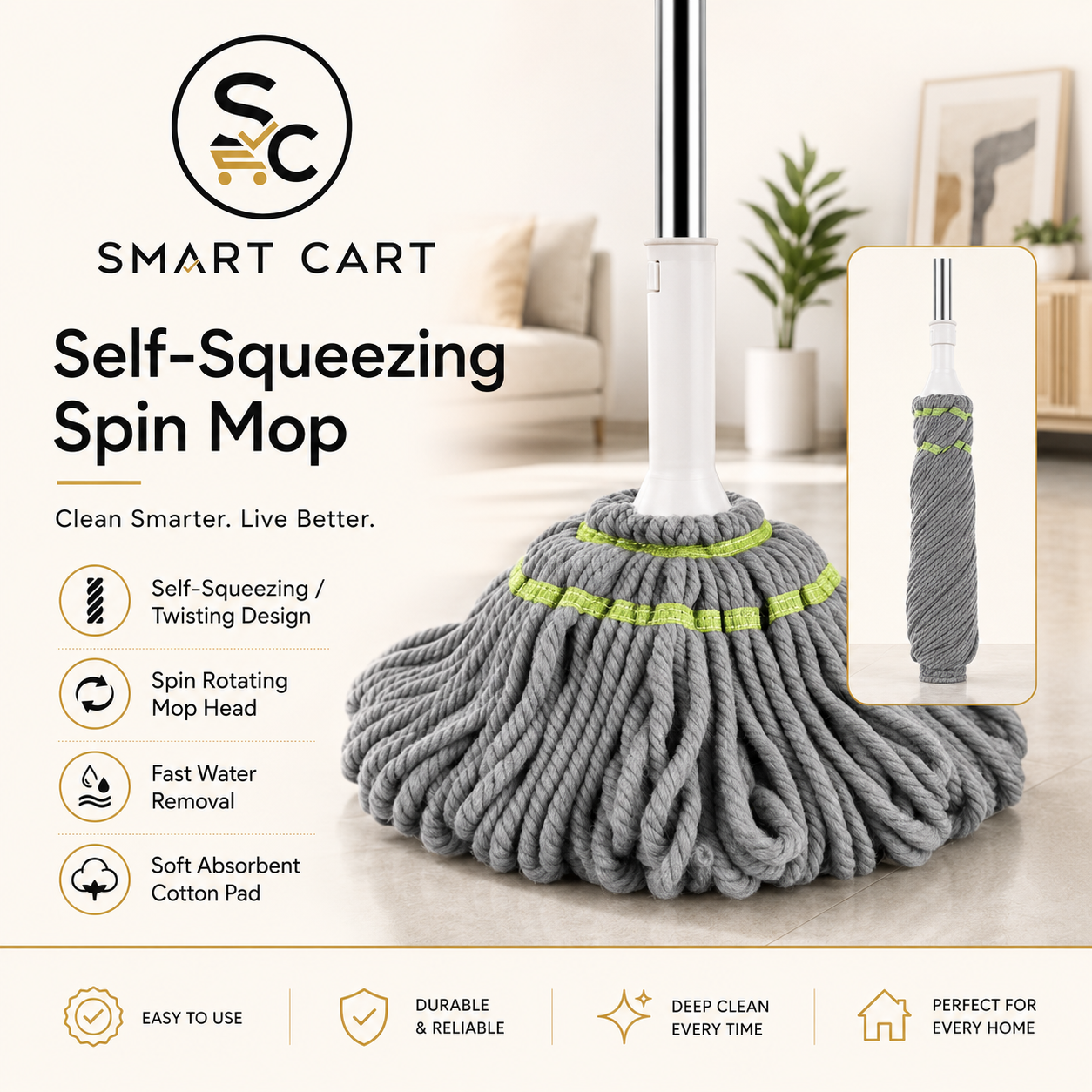 SELF SQUEEZING OR TWISTING SPIN ROTATING COTTON PAD MOP(GREY AND GREEN COLOR)