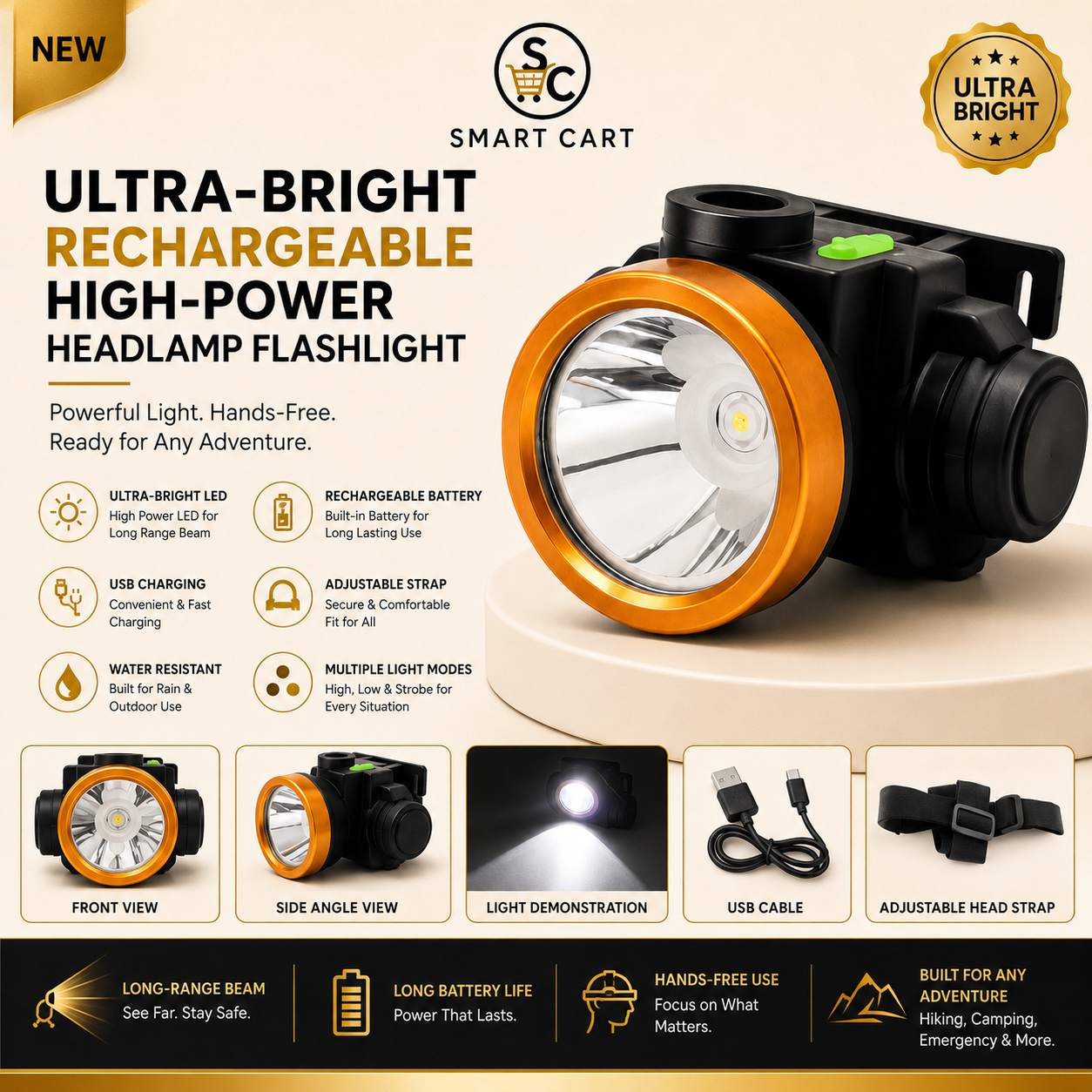 ULTRA-BRIGHT RECHARGEABLE HIGH-POWER HEADLAMP FLASHLIGHT