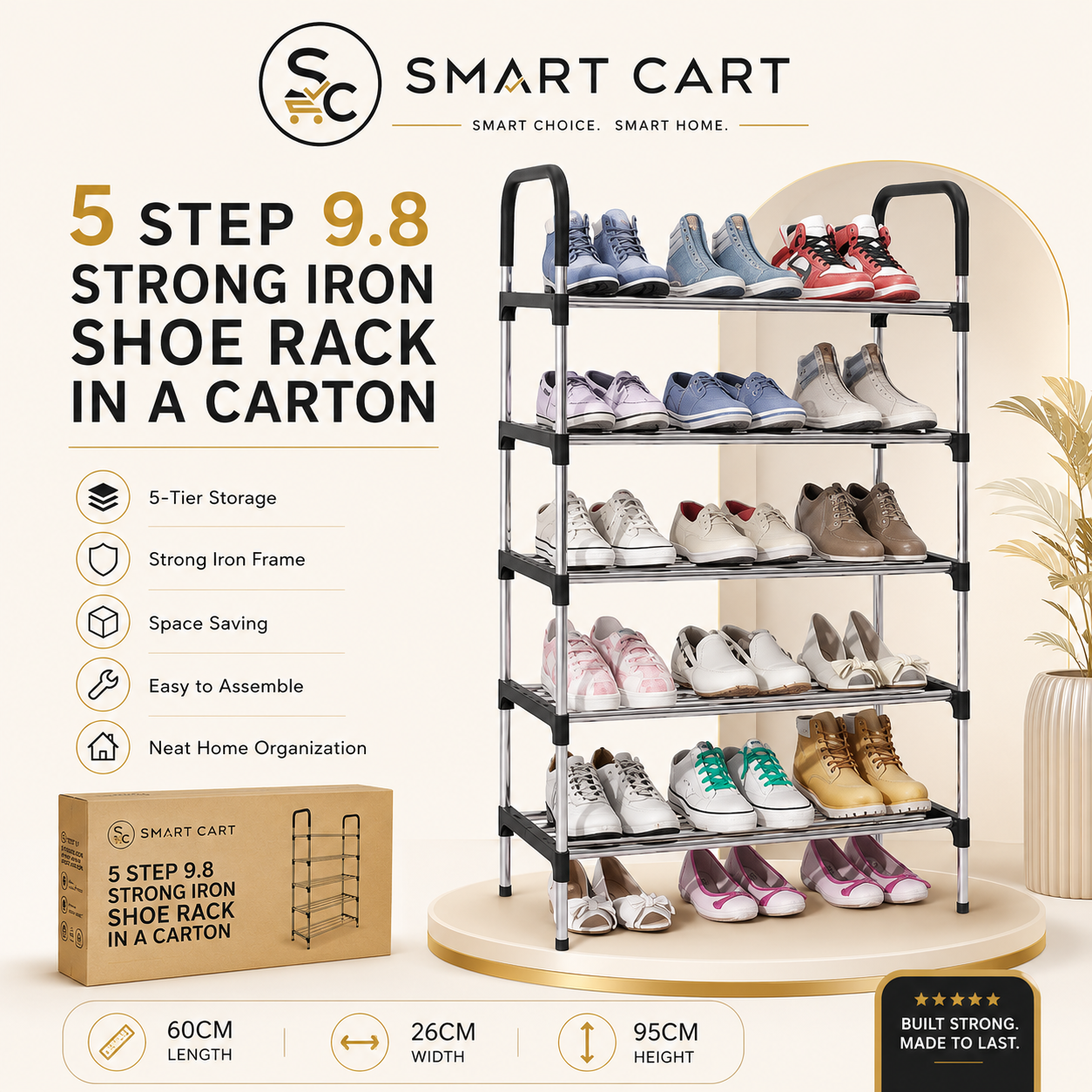 5 STEP 9.8 STRONG IRON SHOE RACK IN A CARTON. (MEDIUM IRON PIPE)