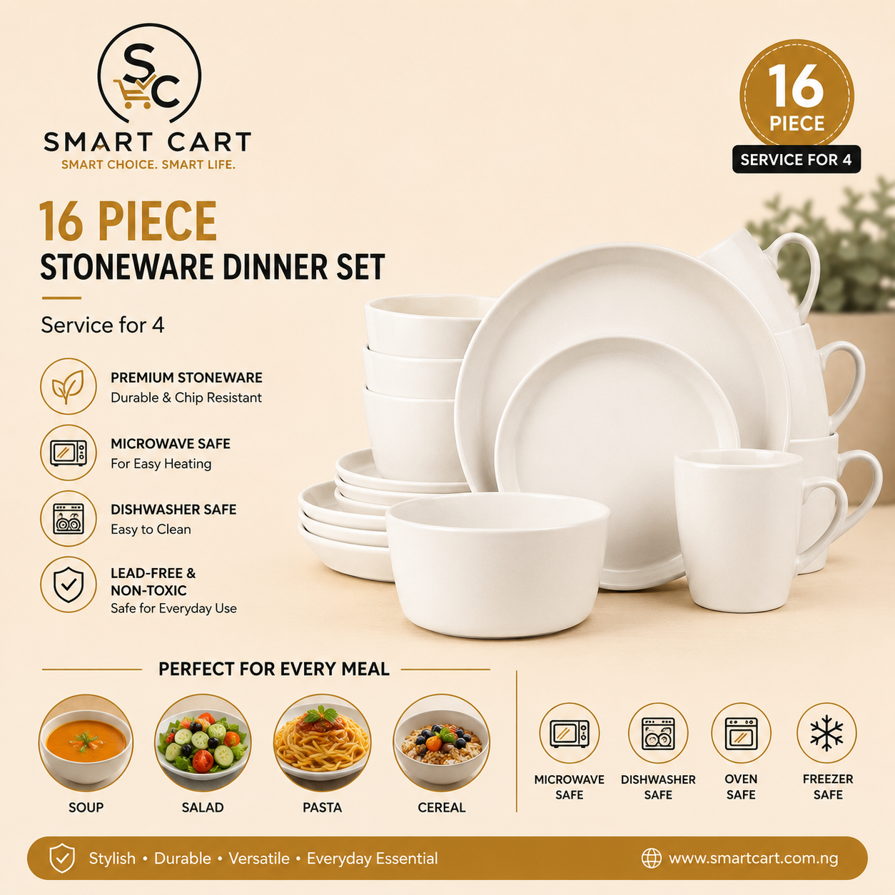 QUALITY 16PC EUROPEAN LUXURY FINE CERAMIC STONEWARE DINNER SET•••WHTE