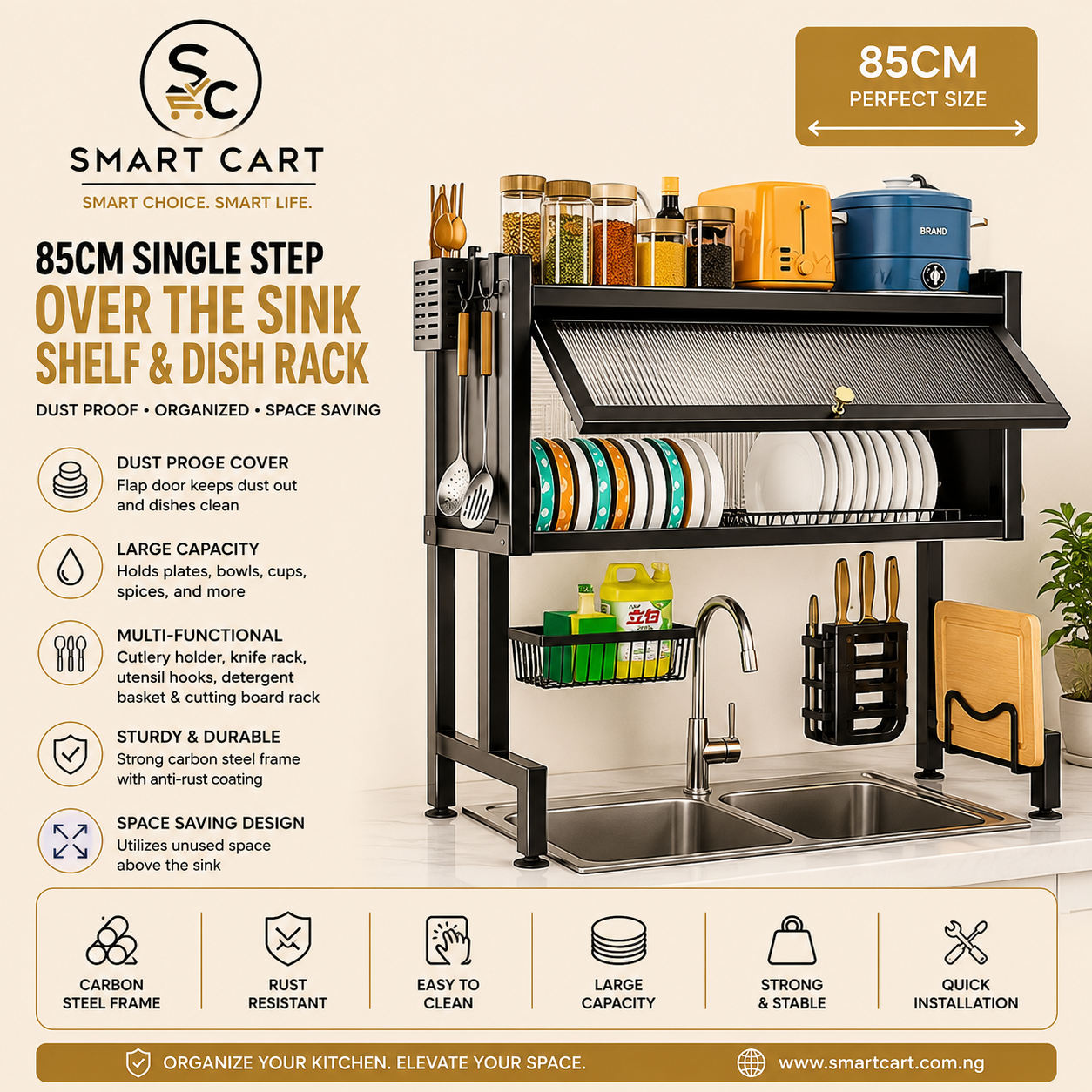 85CM SINGLE STEP DUST PROOF OVER THE SINK SHELF,DISH RACK,CUTLERY/UTENSILS HOLDER