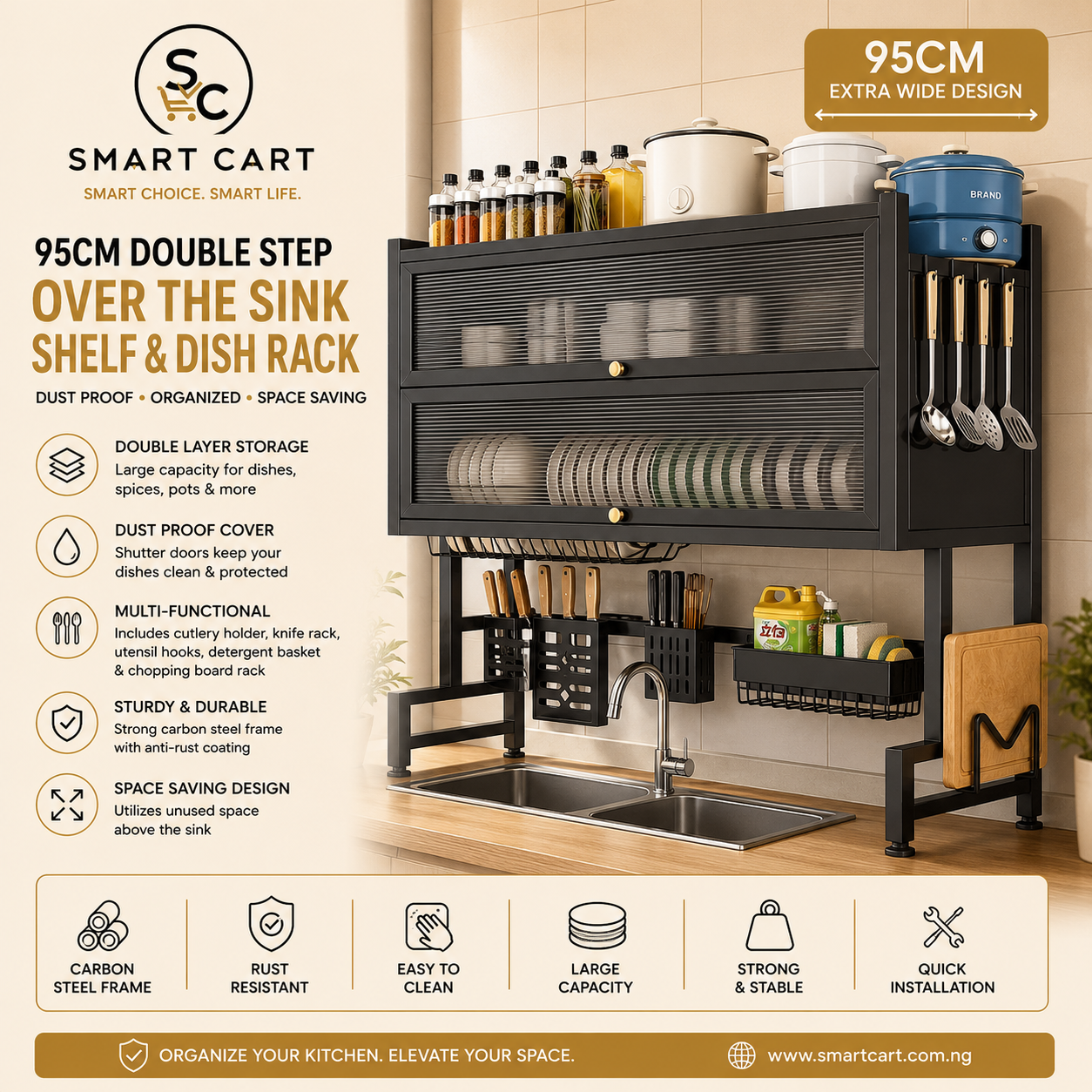 95CM DOUBLE STEP DUST PROOF OVER THE SINK SHELF,DISH RACK,CUTLERY/UTENSILS HOLDER