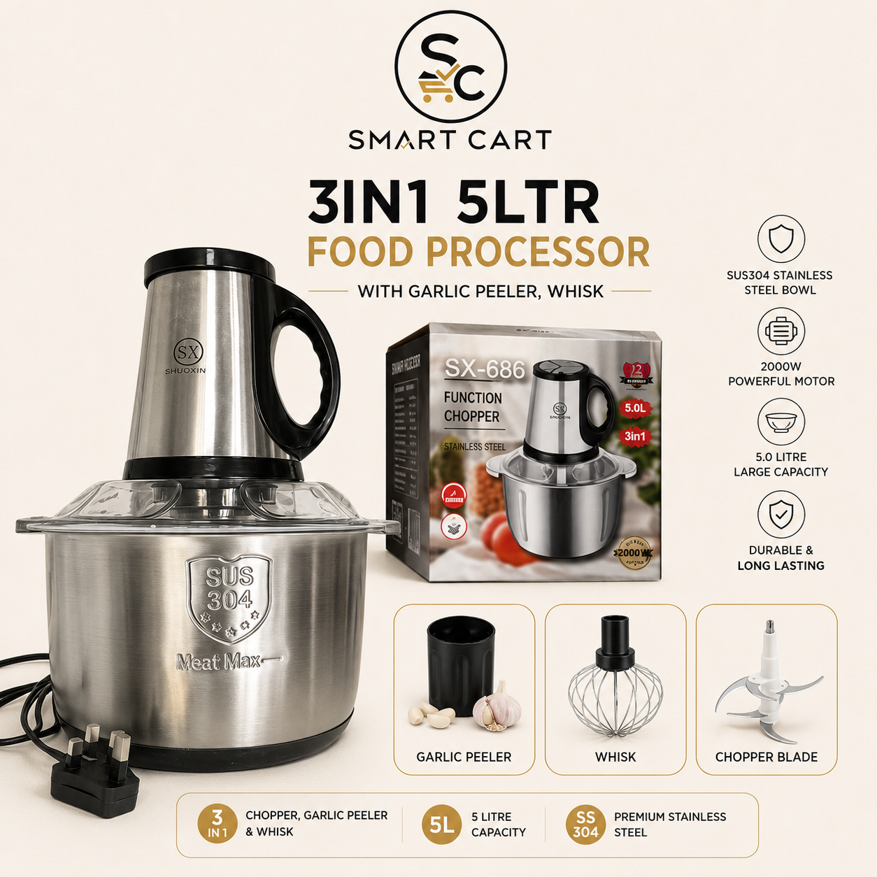 3IN1 5LTR FOOD PROCESSOR WITH GARLIC PEELER,WHISK