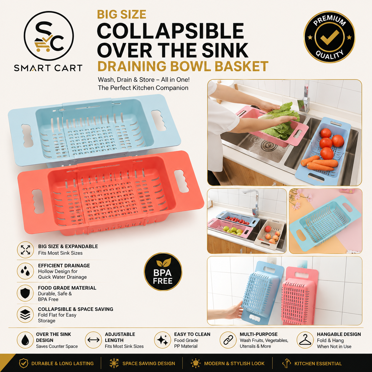 BIG SIZE COLLAPSIBLE OVER THE SINK DRAINING BOWL BASKET
