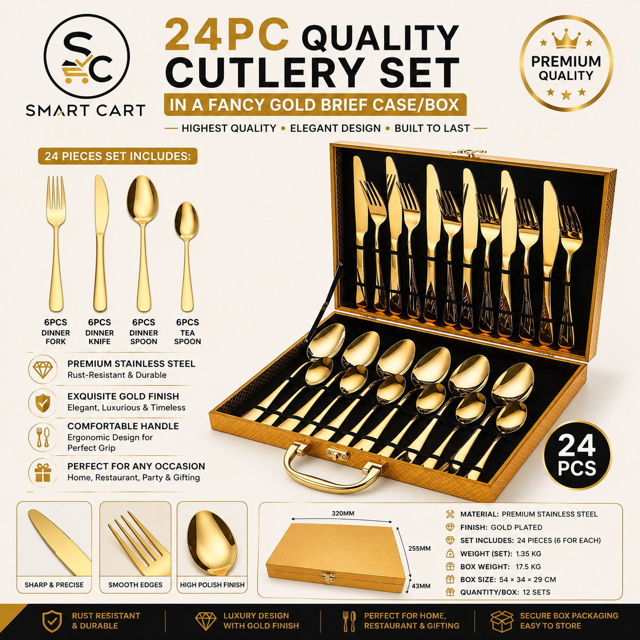24PC QUALITY CUTLERY SET IN A FANCY GOLD BRIEF CASE/BOX(Highest quality)