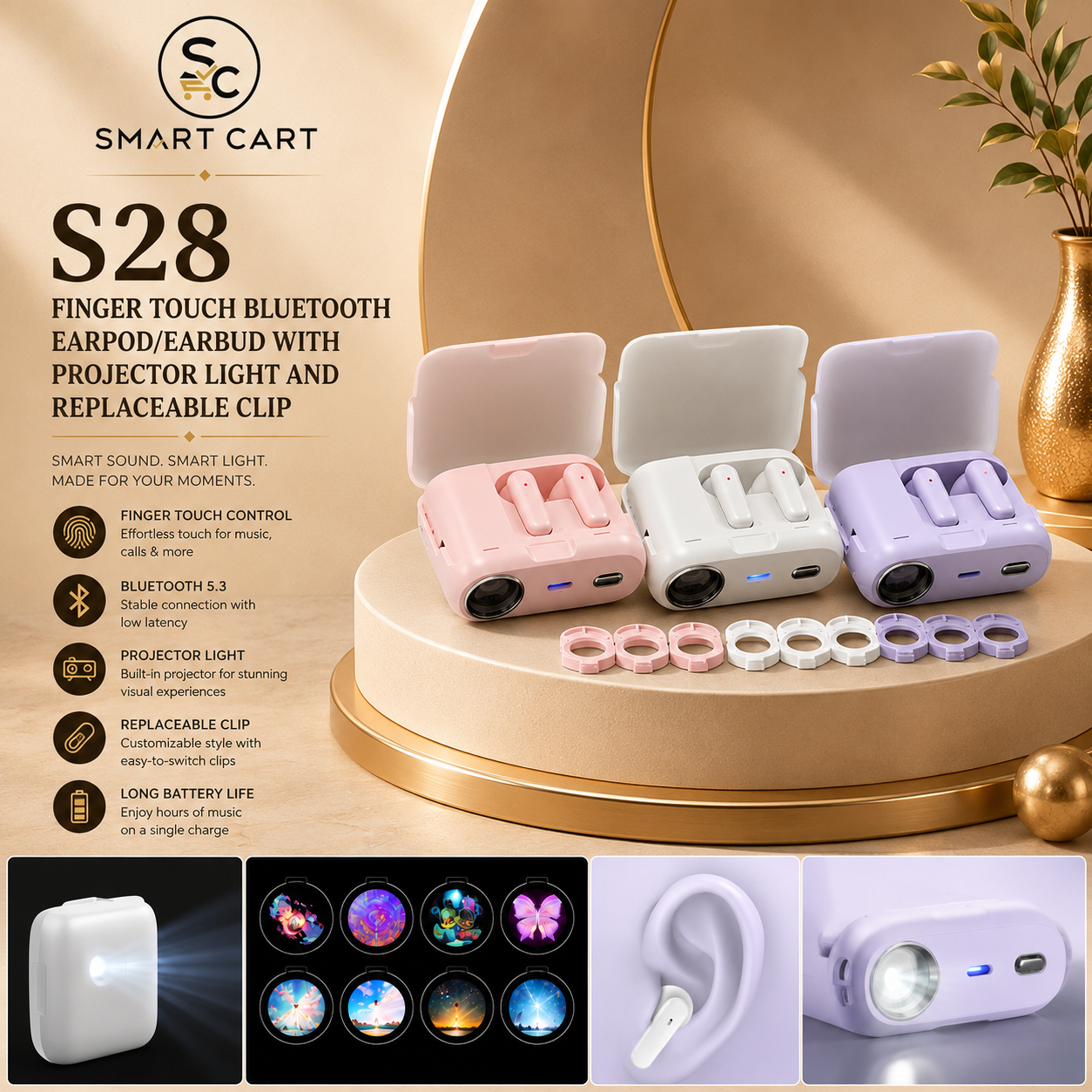 S28 FINGER TOUCH BLUETOOTH EARPOD/EARBUD WITH PROJECTOR LIGHT AND REPLACEABLE CLIP
