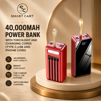 40,000MAH POWER BANK WITH TORCHLIGHT AND CHARGING CORDS (TYPE C, USB AND IPHONE CORD)