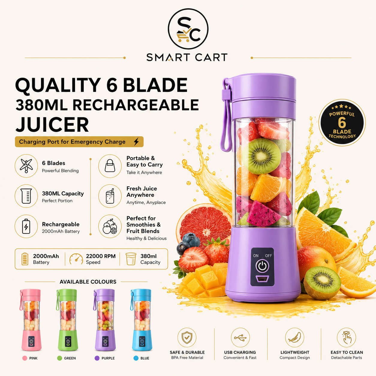 QUALITY 6 BLADE 380ML RECHARGEABLE JUICER