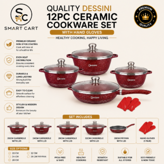 QUALITY DESSINI 12PC CERAMIC COOKWARE SET WITH HAND GLOVES SIZE 20,24,28,32&28cm Frypan like shape