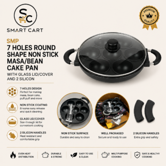 SMP 7 HOLES ROUND SHAPE NON STICK MASA/BEAN CAKE PAN WITH GLASS LID/COVER AND 2 SILICON