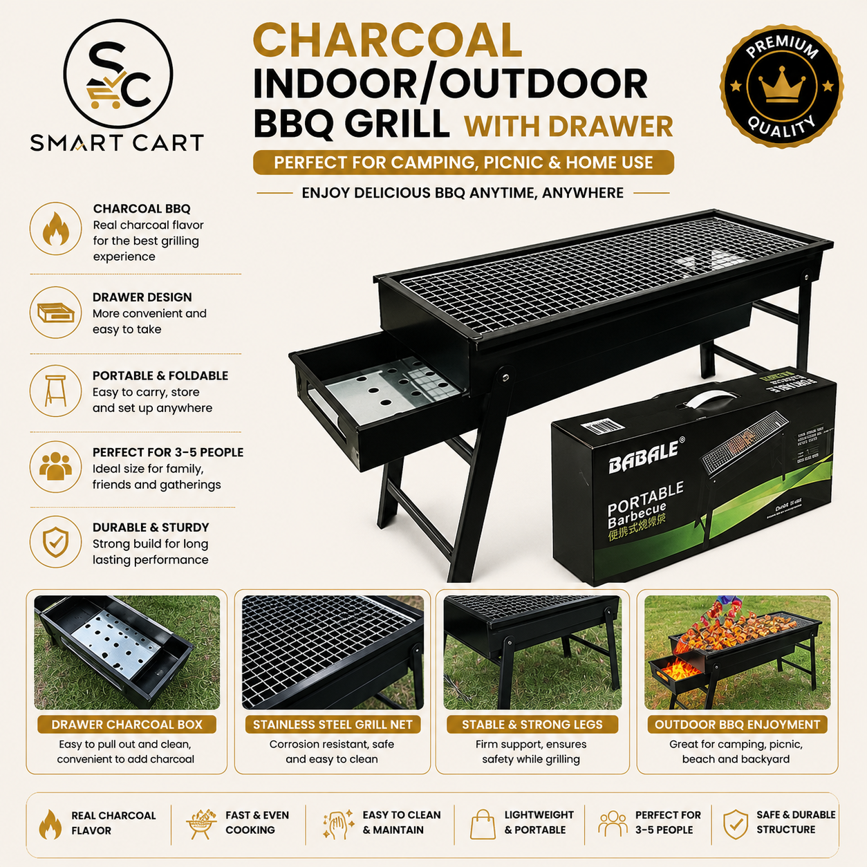 CHARCOAL INDOOR/OUTDOOR BBQ GRILL WITH DRAWER