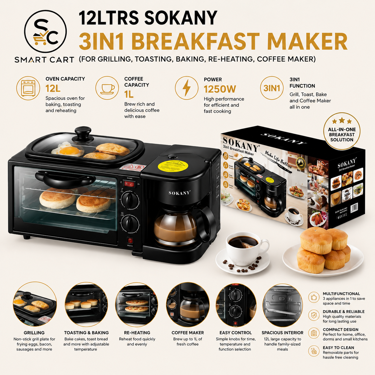 12LTRS SOKANY 3IN1 BREAKFAST MAKER(FOR GRILLING,TOASTING,BAKING,RE-HEATING,COFFEE MAKER