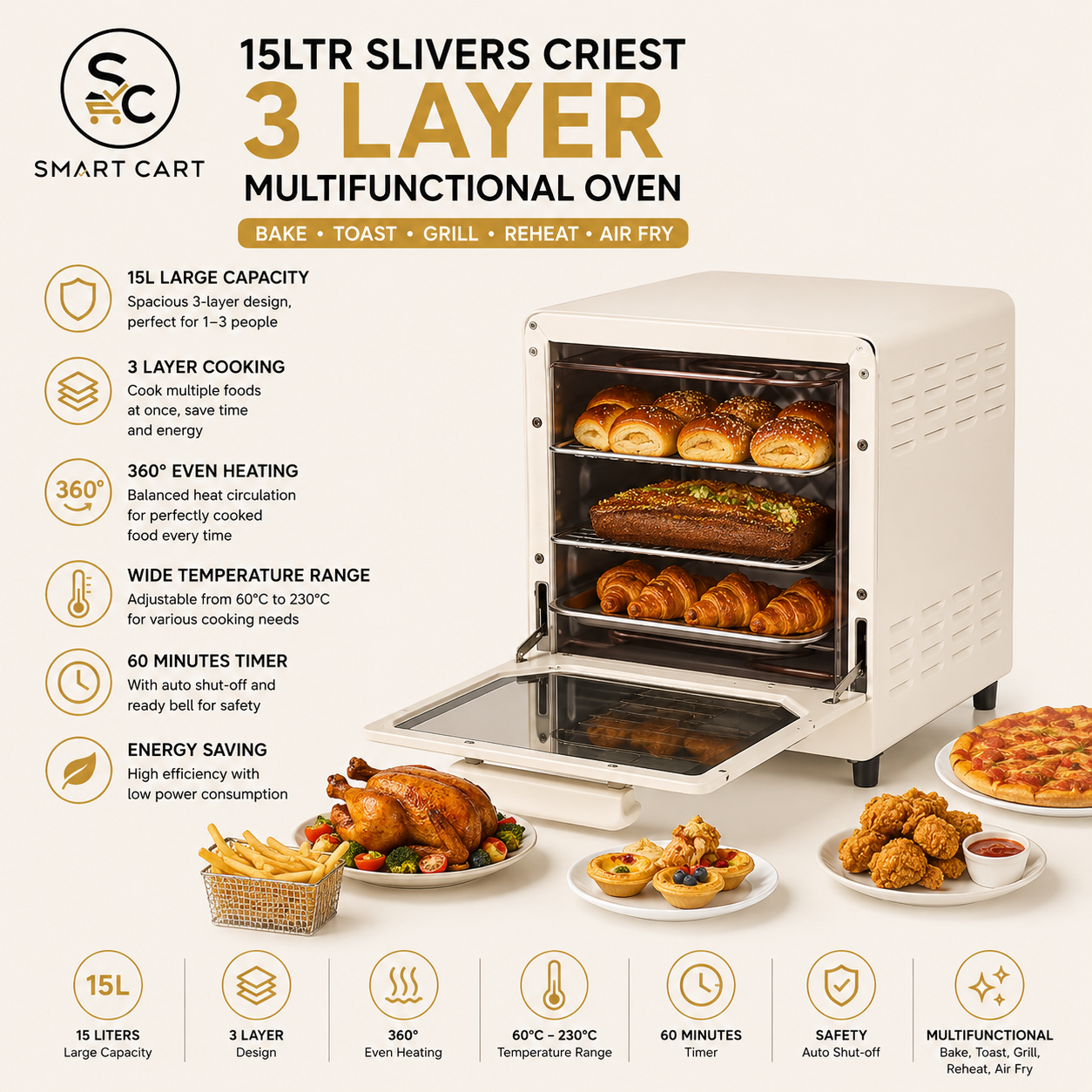 15LTR SLIVERS CRIEST 3 LAYER MULTIFUNCTIONAL OVEN