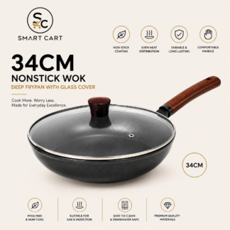 34CM NONSTICK WOK DEEP FRYPAN WITH GLASS COVER(No carton)