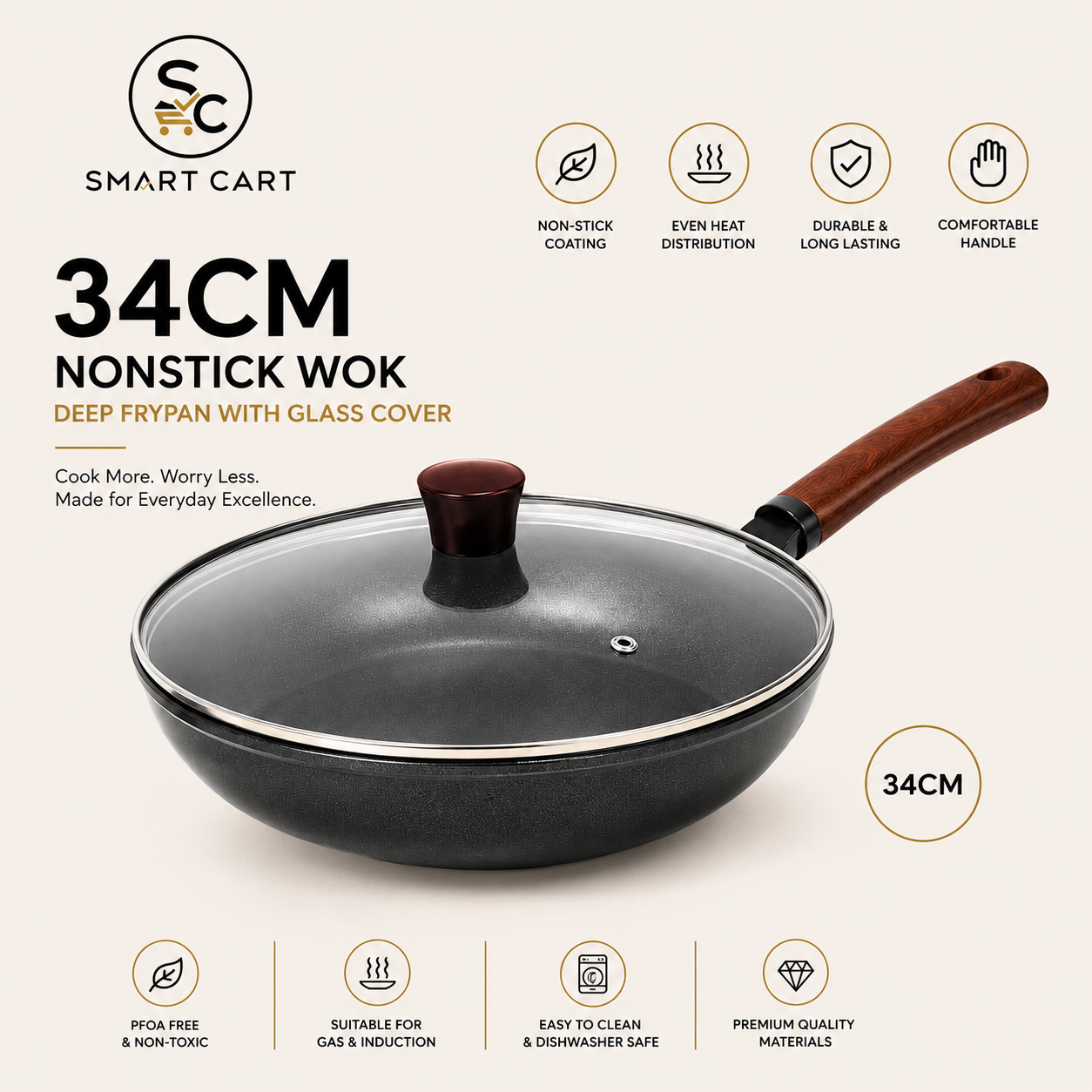 34CM NONSTICK WOK DEEP FRYPAN WITH GLASS COVER(No carton)