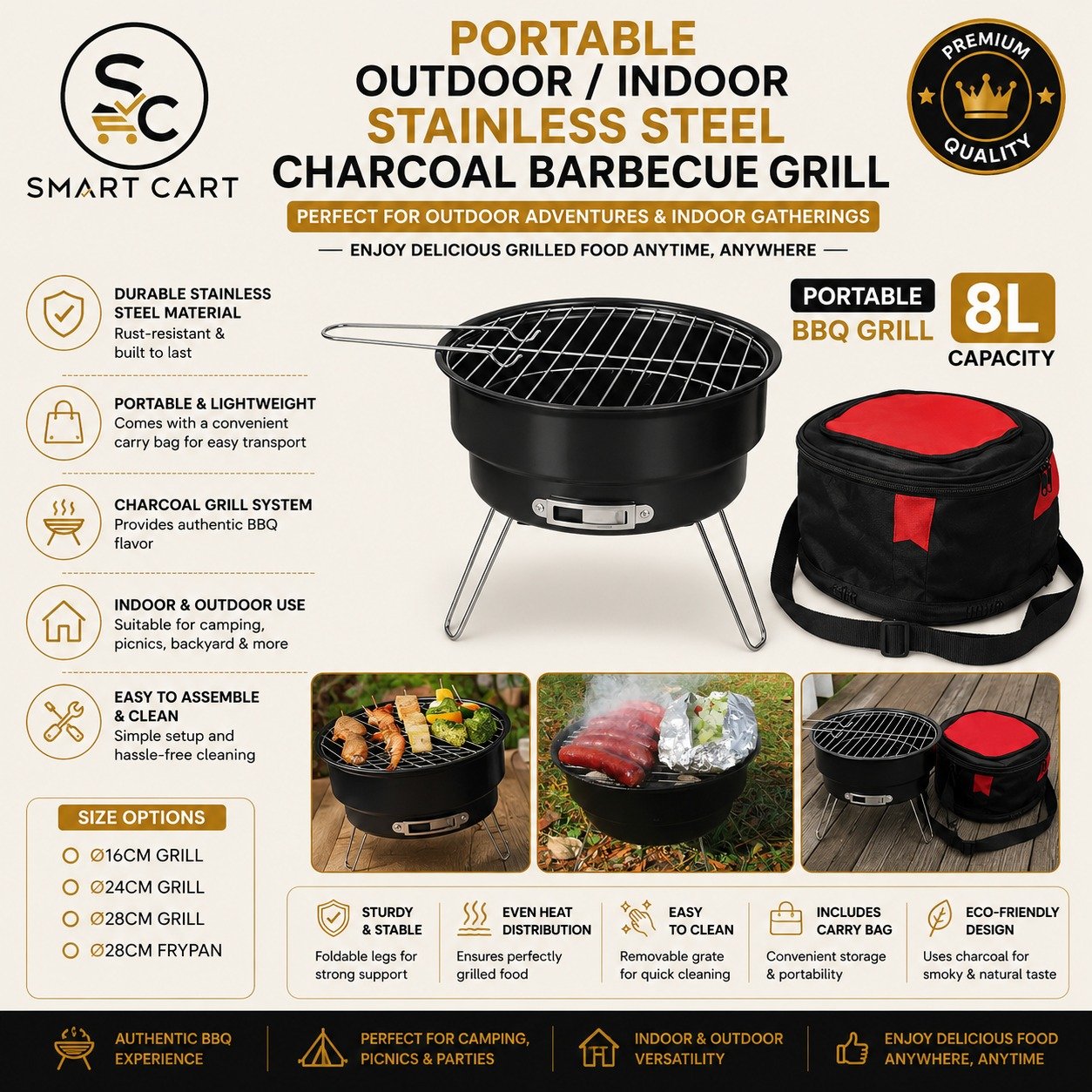 PORTABLE OUTDOOR/INDOOR STAINLESS STEEL CHARCOAL BARBECUE GRILL