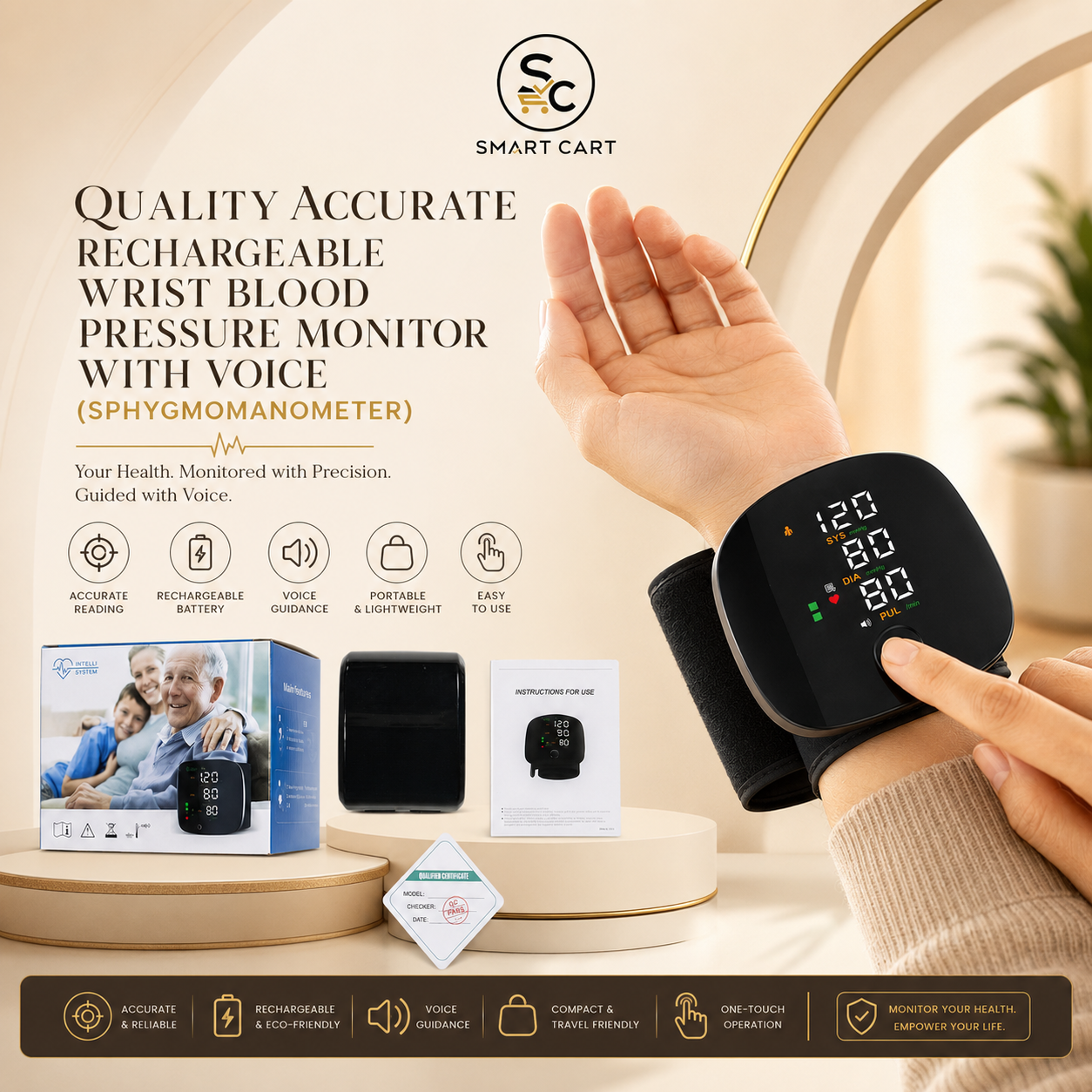 QUALITY ACCURATE RECHARGEABLE WRIST BLOOD PRESSURE MONITOR WITH VOICE(SPHYGMOMANOMETER)