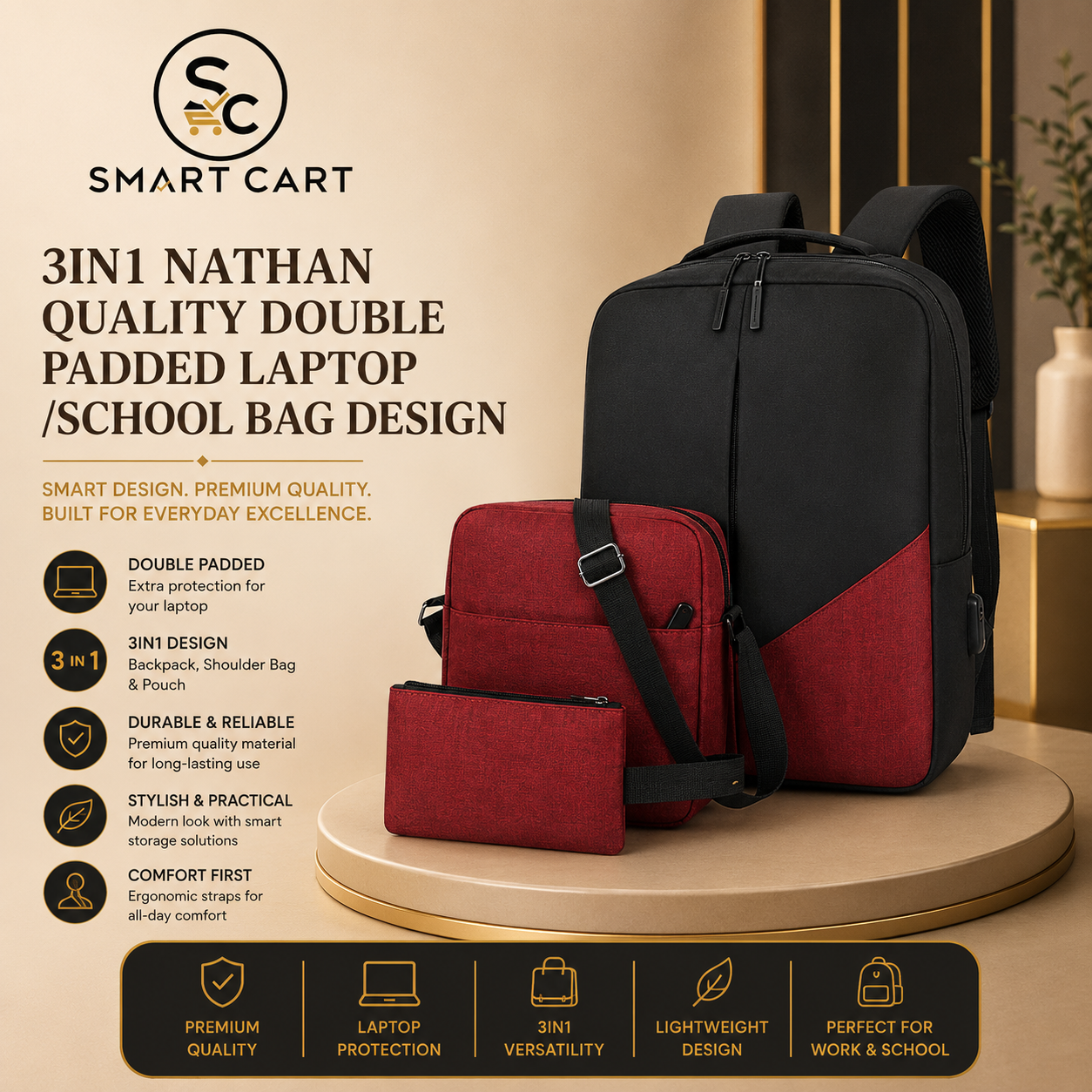 3 IN1 NATHAN QUALITY DOUBLE PADDED LAPTOP /SCHOOL BAG DESIGN