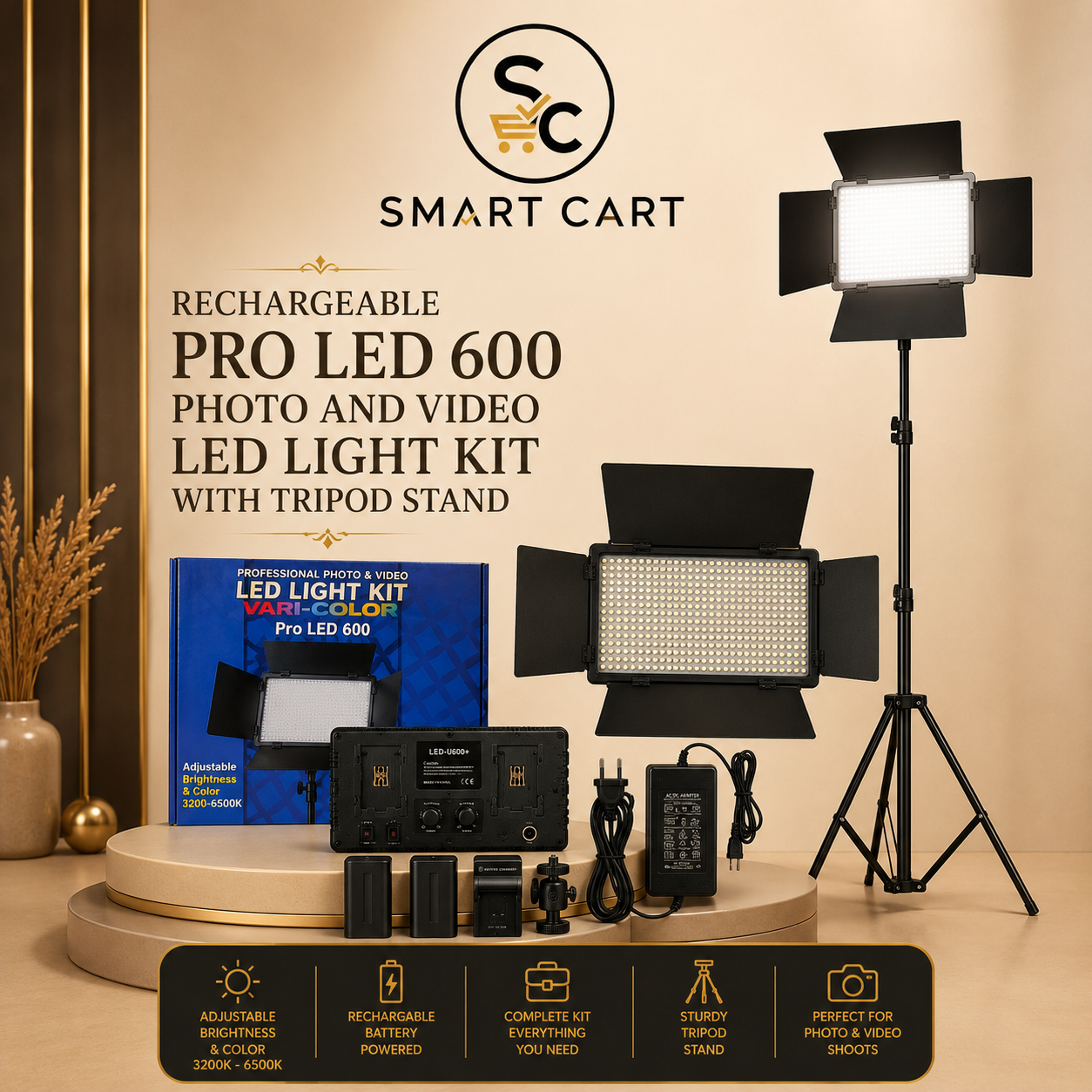 RECHARGEABLE PRO LED 600 PHOTO AND VIDEO LED LIGHT KIT WITH TRIPOD STAND