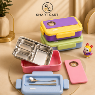 3 COMPARTMENT STAINLESS INNER KIDDIES LUNCH PACK WITH SPOON AND FORK