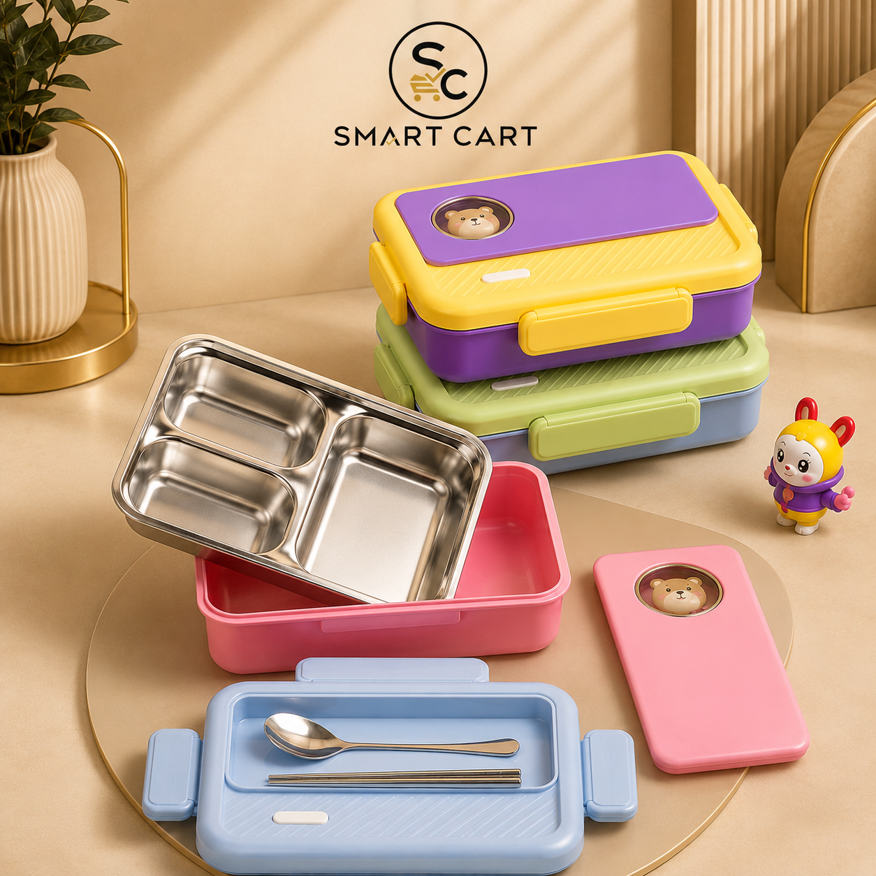 3 COMPARTMENT STAINLESS INNER KIDDIES LUNCH PACK WITH SPOON AND FORK