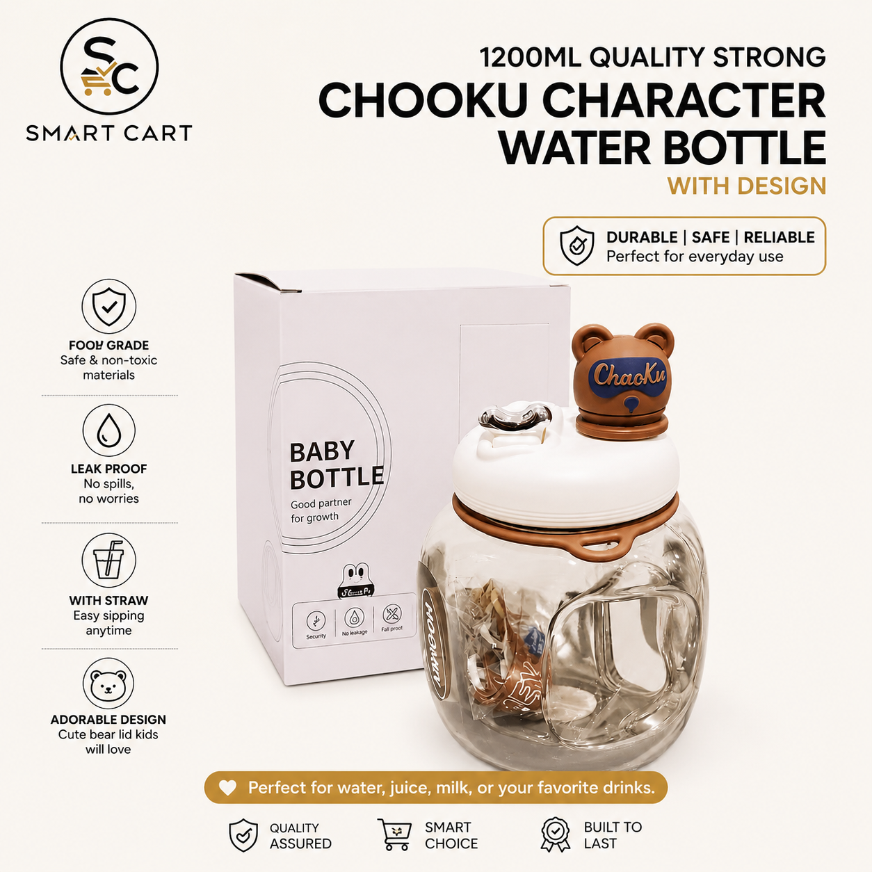 1200ML QUALITY STRONG CHOOKU CHARACTER WATER BOTTLE WITH DESIGN (Comes in a color box)