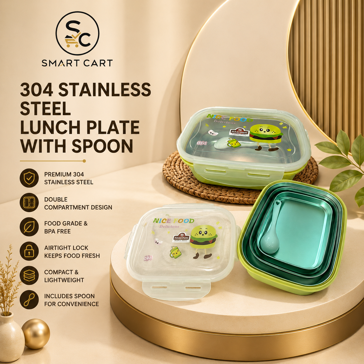 304 STAINLESS STEEL LUNCH PLATE WITH SPOON
