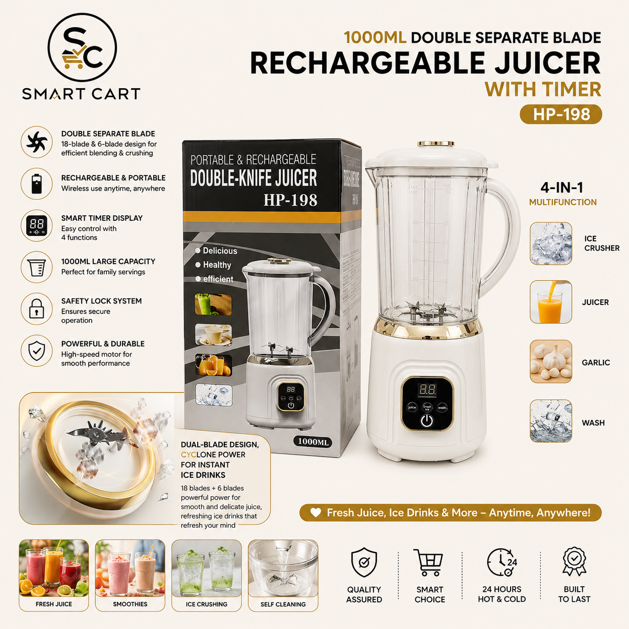1000ML DOUBLE SEPARATE BLADE RECHARGEABLE JUICER WITH TIMER(Ice crusher,Juicer,Garlic,Wash)HP-198