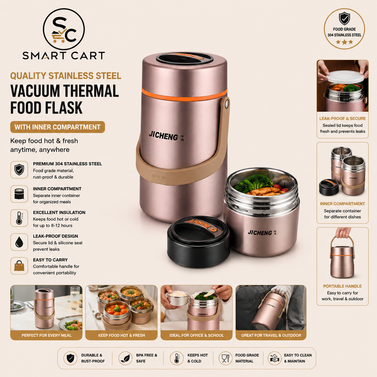 QUALITY STAINLESS STEEL VACUUM THERMAL FOOD FLASK WITH INNER COMPARTMENT