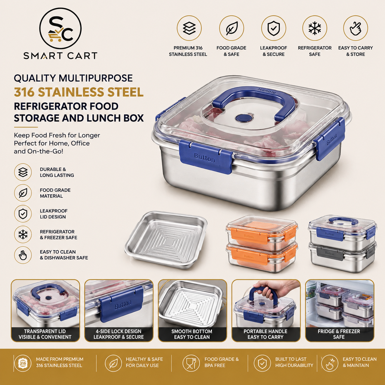QUALITY MULTIPURPOSE 316 STAINLESS STEEL REFRIGERATOR FOOD STORAGE AND LUNCH BOX