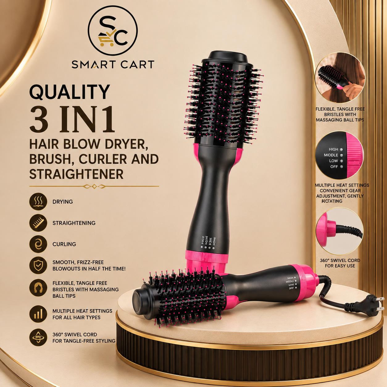 QUALITY 3 IN1 HAIR BLOW DRYER,BRUSH,CURLER AND STRAIGHTENER
