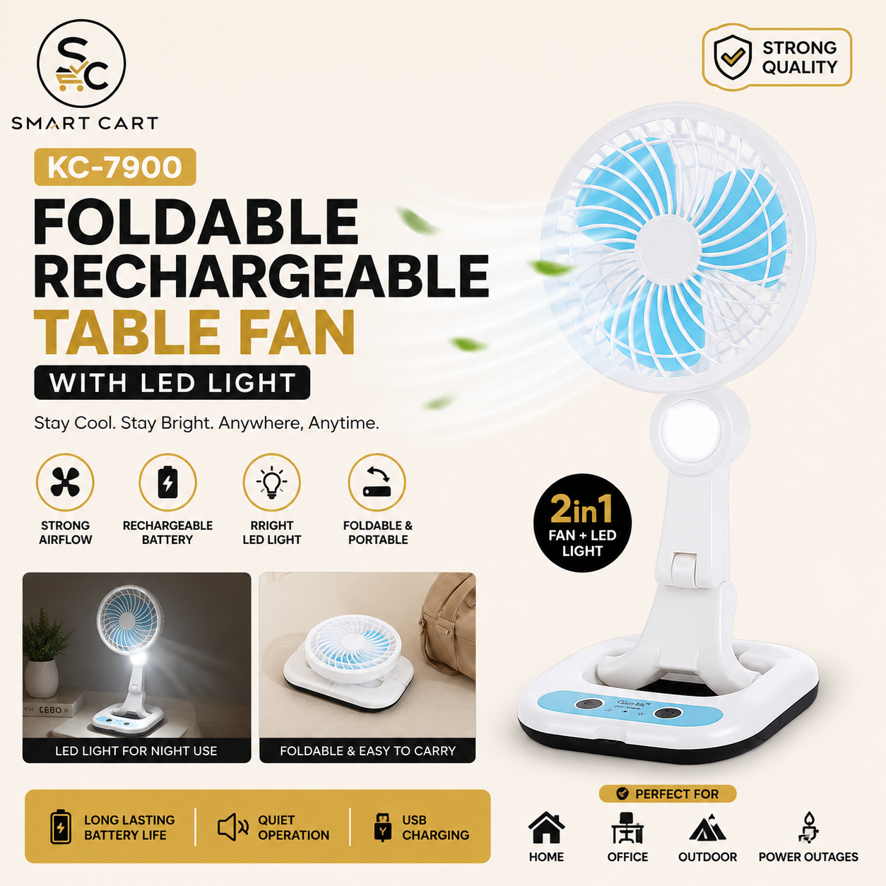 KC-7900 STRONG QUALITY FOLDABLE RECHARGEABLE TABLE FAN WITH LED LIGHT