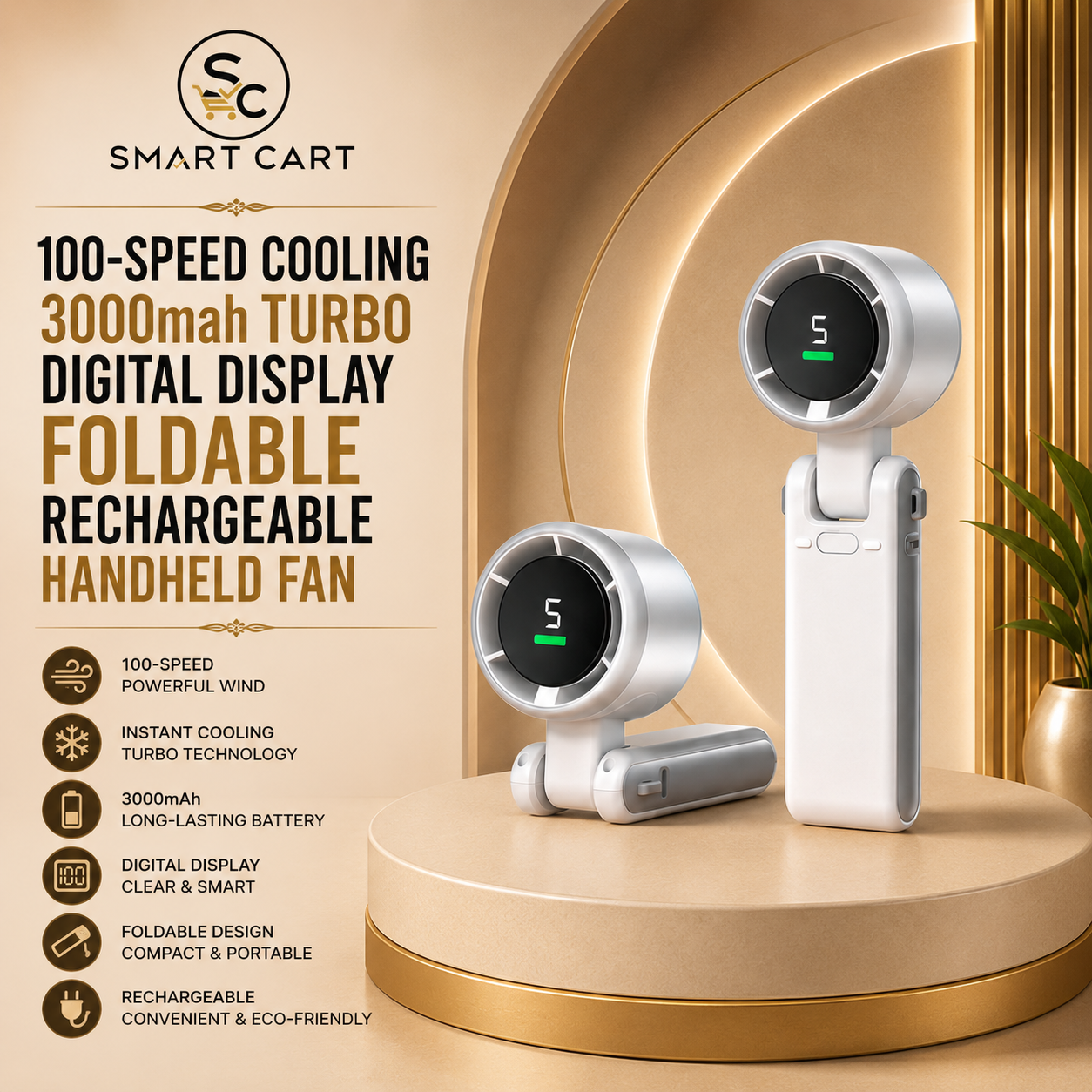 100-SPEED COOLING 3000mah TURBO DIGITAL DISPLAY FOLDABLE RECHARGEABLE HANDHELD FAN