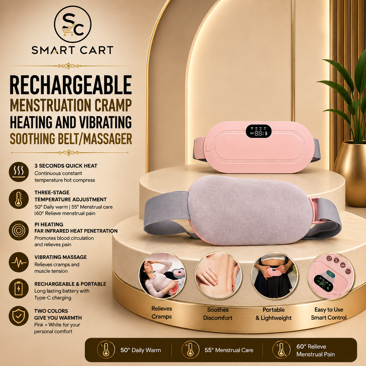 RECHARGEABLE MENSTRUATION CRAMP HEATING AND VIBRATING SOOTHING BELT/MASSAGER