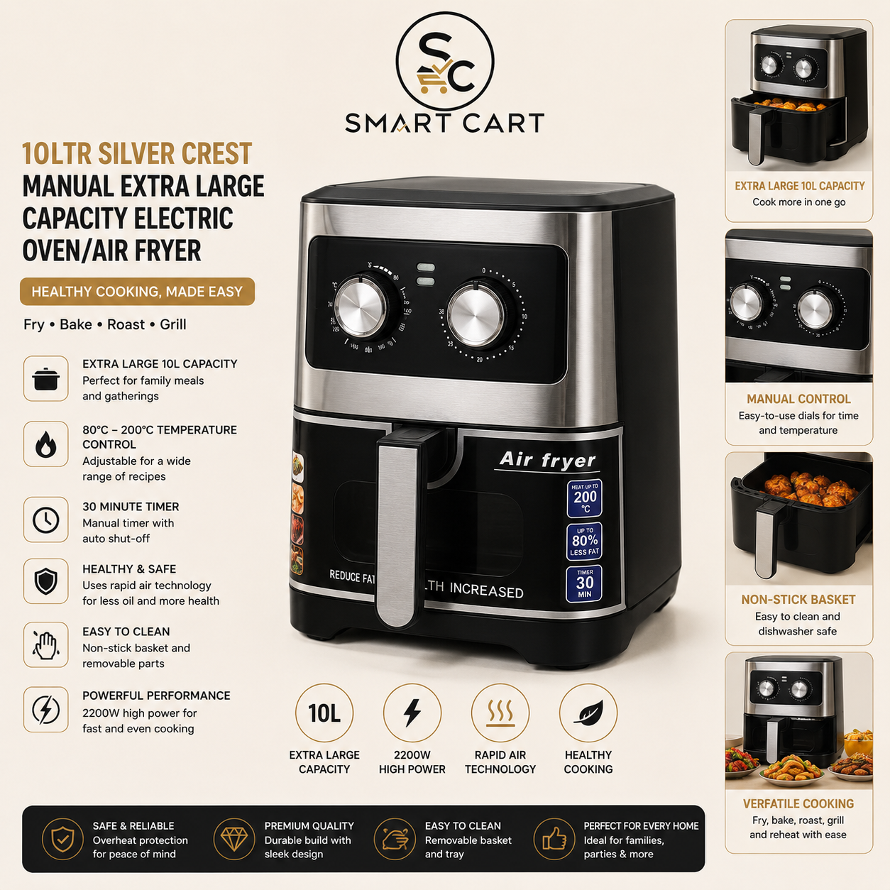 10LTR SILVER CREST MANUAL EXTRA LARGE CAPACITY ELECTRIC OVEN/AIR FRYER