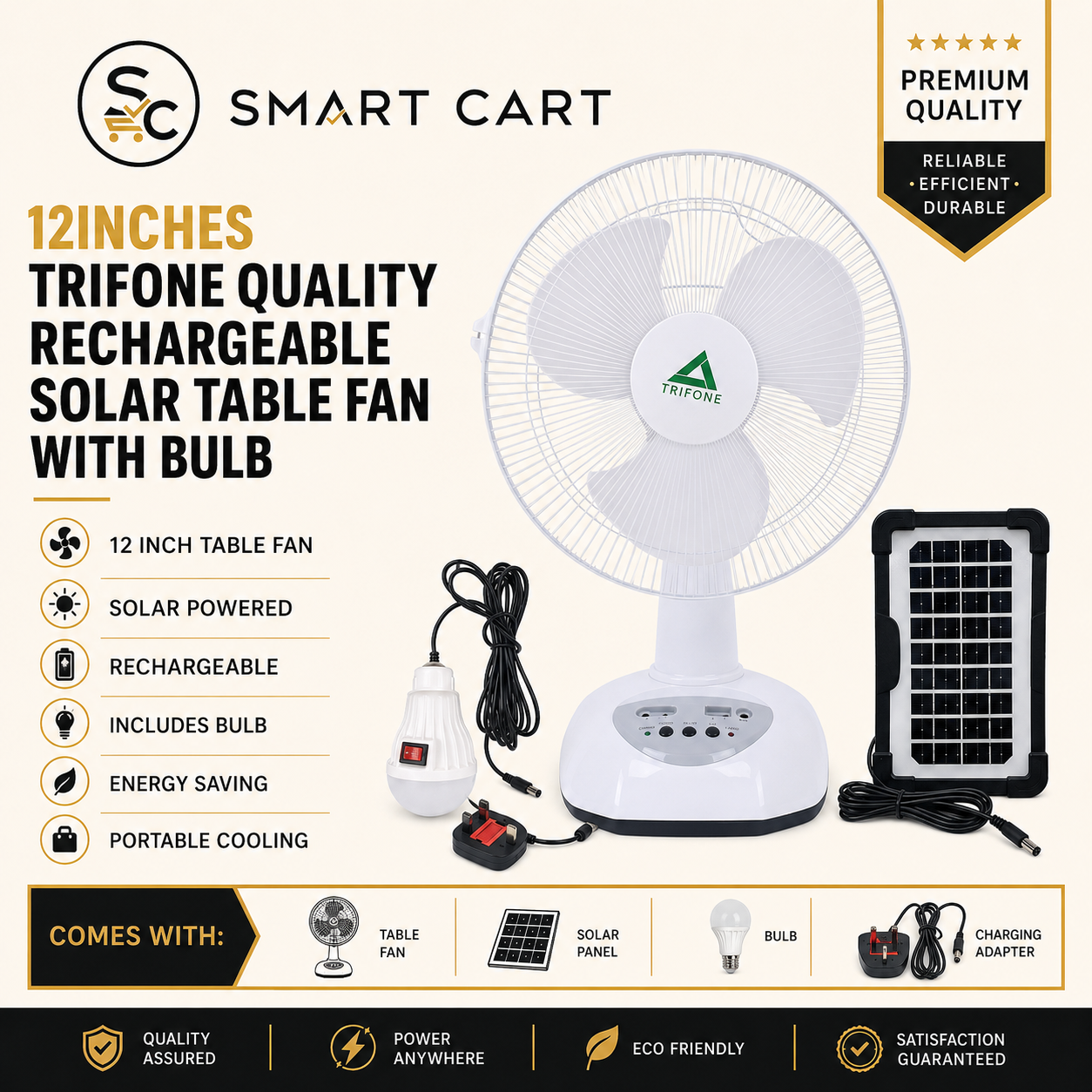 12 INCHES TRIFONE QUALITY RECHARGEABLE SOLAR TABLE FAN WITH BULB