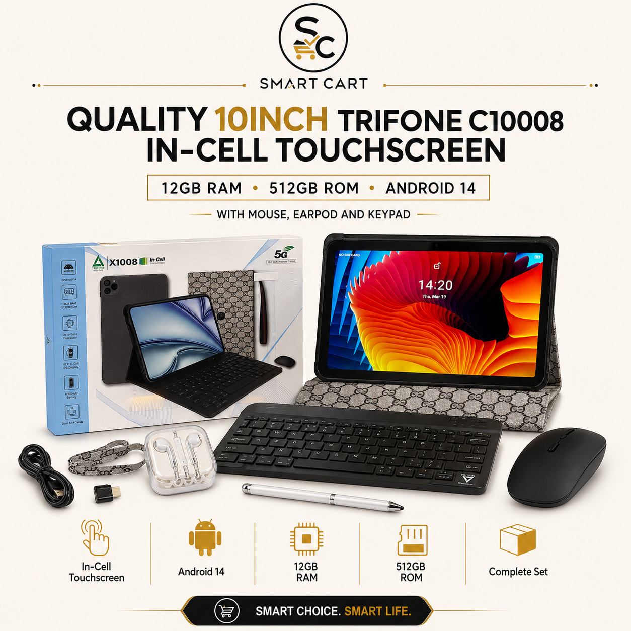 QUALITY 10INCH TRIFONE C10008 IN-CELL TOUCHSCREEN 12GB RAM 512GB ROM ANDROID 14 TABLET WITH MOUSE,EARPOD AND KEYPAD